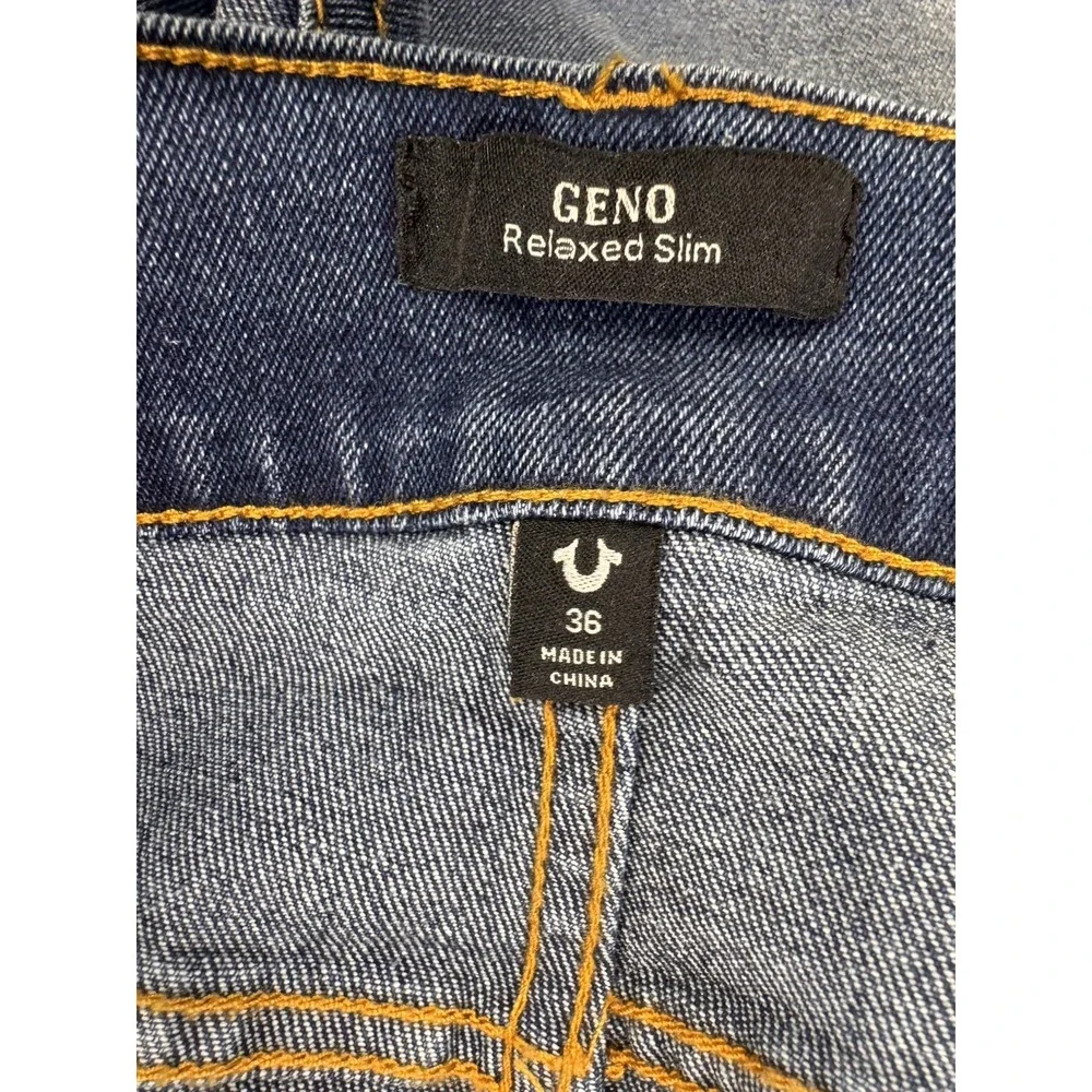 True Religion Geno Jeans Men 36x32 Blue Relaxed Slim‎ Distress Whiskered Denim